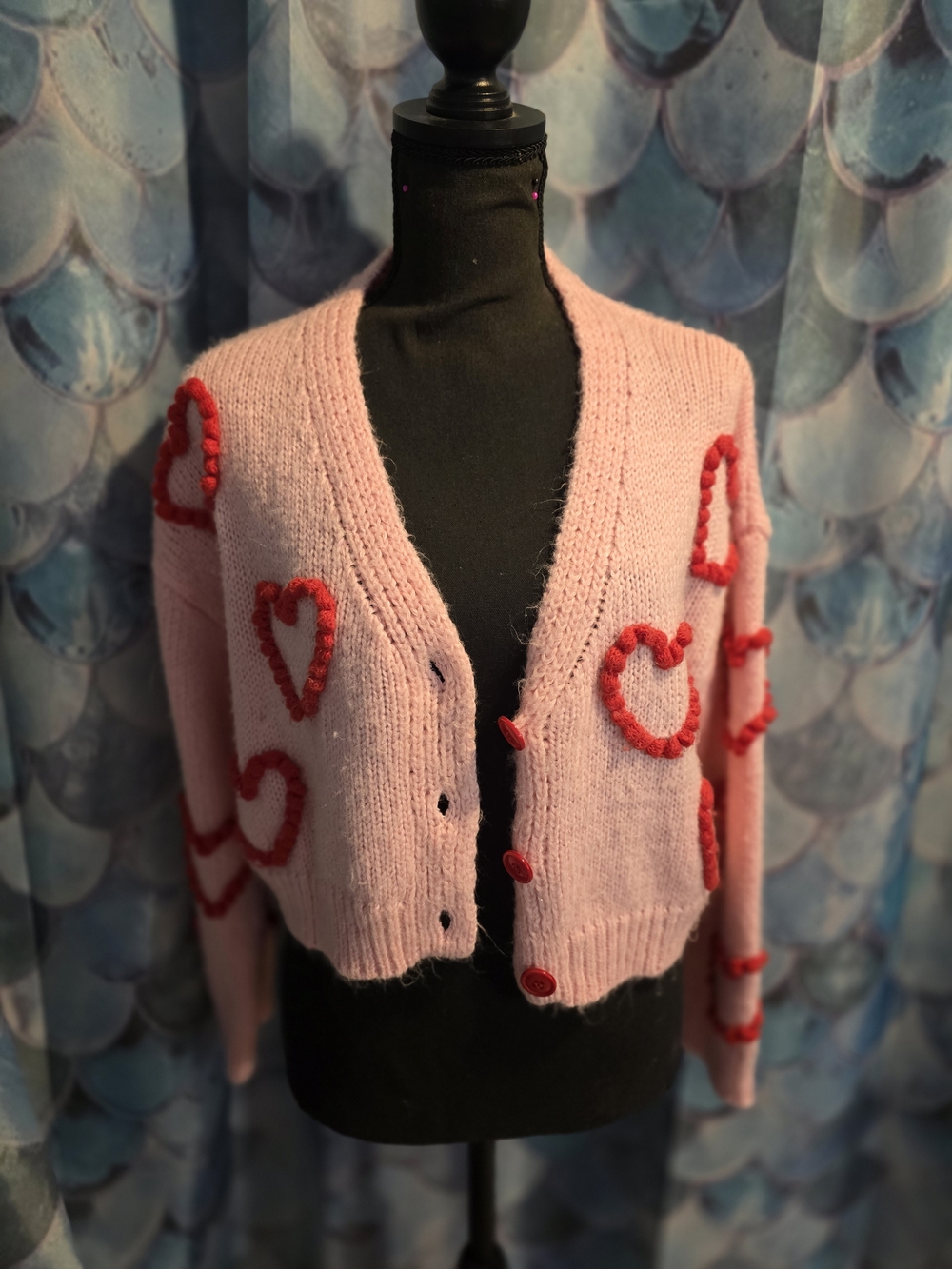 Listicle Pink Cardigan with Red Heart Appliqués